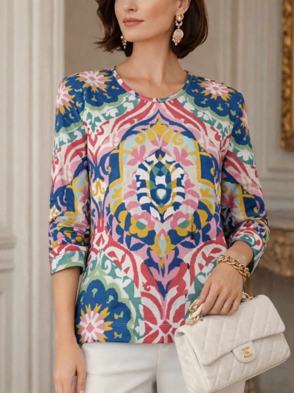 J. McLaughlin Catalina Cloth Signature Top 3/4 Sleeves Medallion Pink Blue Sz M